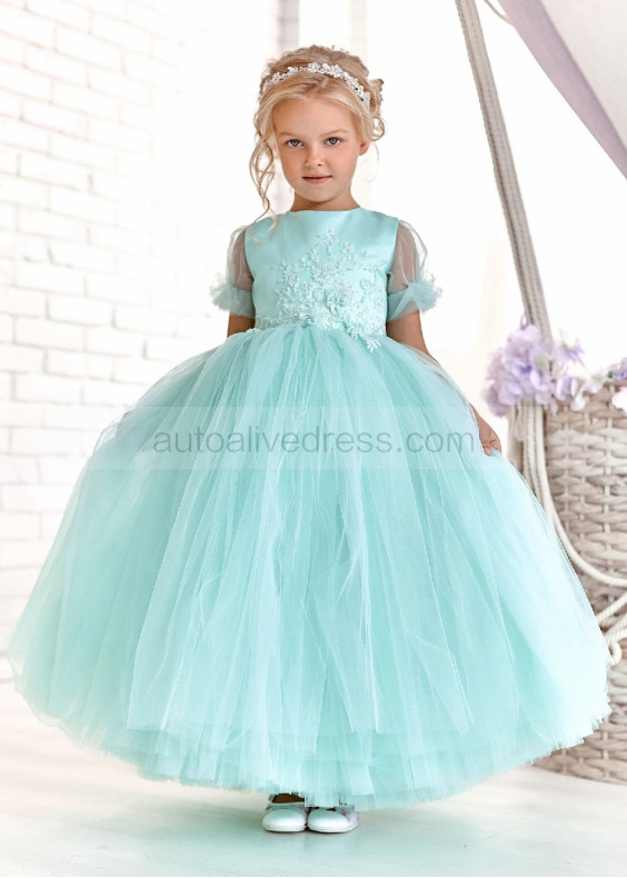 Short Sleeves Mint Heart Back Baby Flower Girl Dress